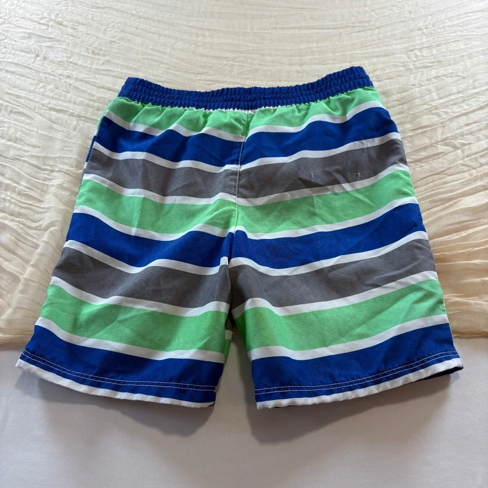 OP Boys Neon Green Blue Stripe Lined Swim Trunks Size 3T